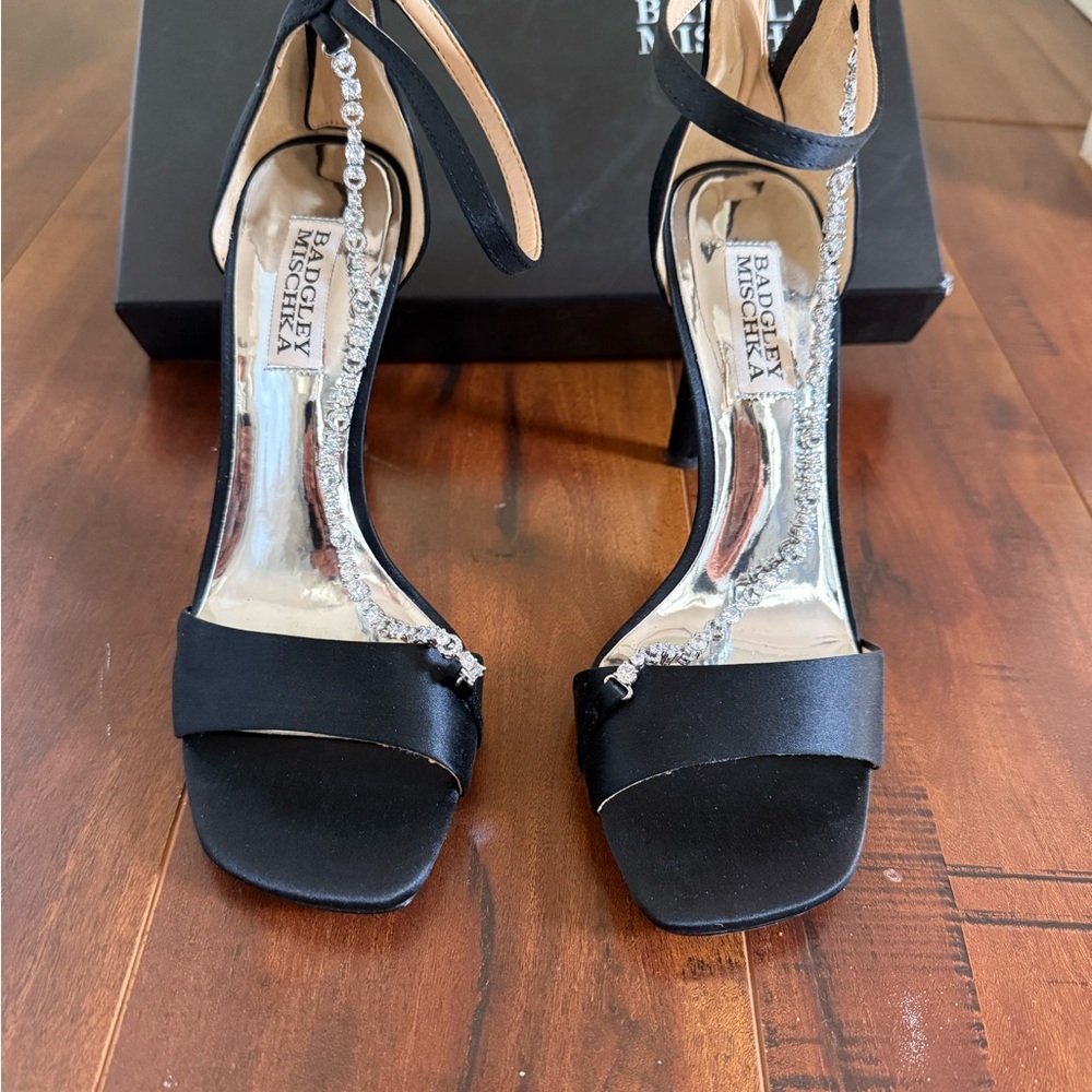 Badgley Mischka Black Satin Heels with Rhinestone Detail